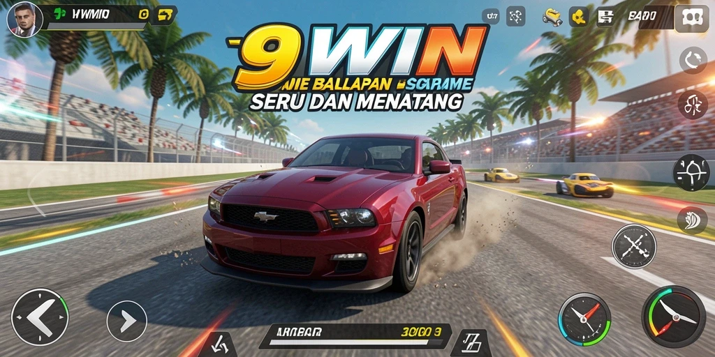 Tampilan gameplay balap seru di 9WIN dengan mobil cepat dan lintasan yang menantang.