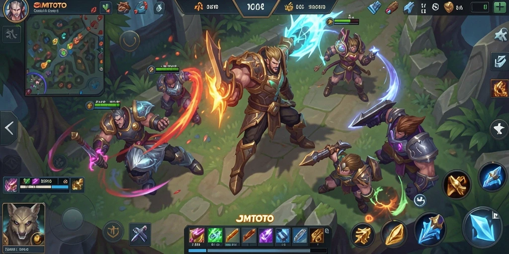 Screenshot dari gameplay JMTOTO yang menampilkan pertarungan tim yang seru.