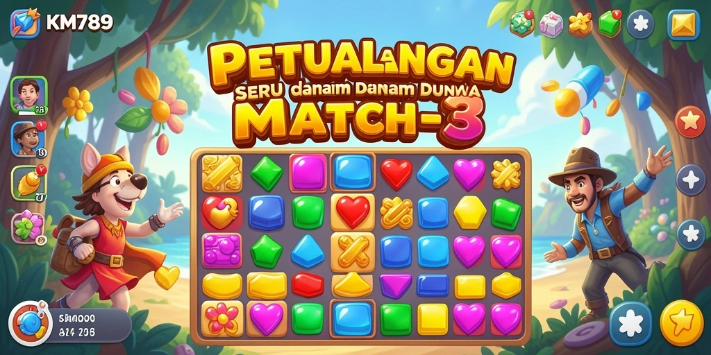 Screenshot gameplay KM789 menampilkan aksi mencocokkan permata yang dinamis.