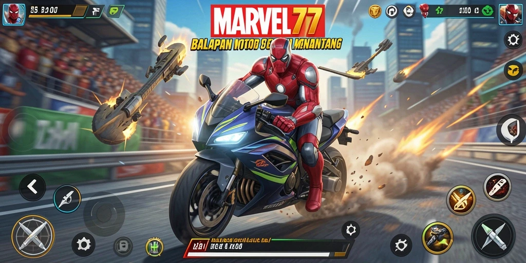 Screenshot dari gameplay menegangkan di MARVEL77 dengan balapan motor yang cepat.