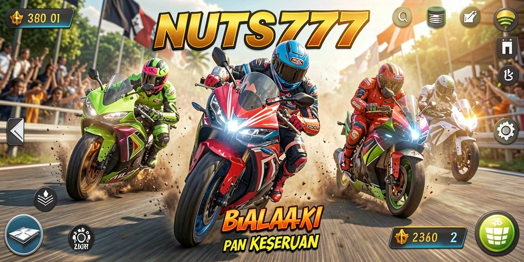 Tampilan gameplay seru di NUTS777 dengan balapan motor yang cepat.