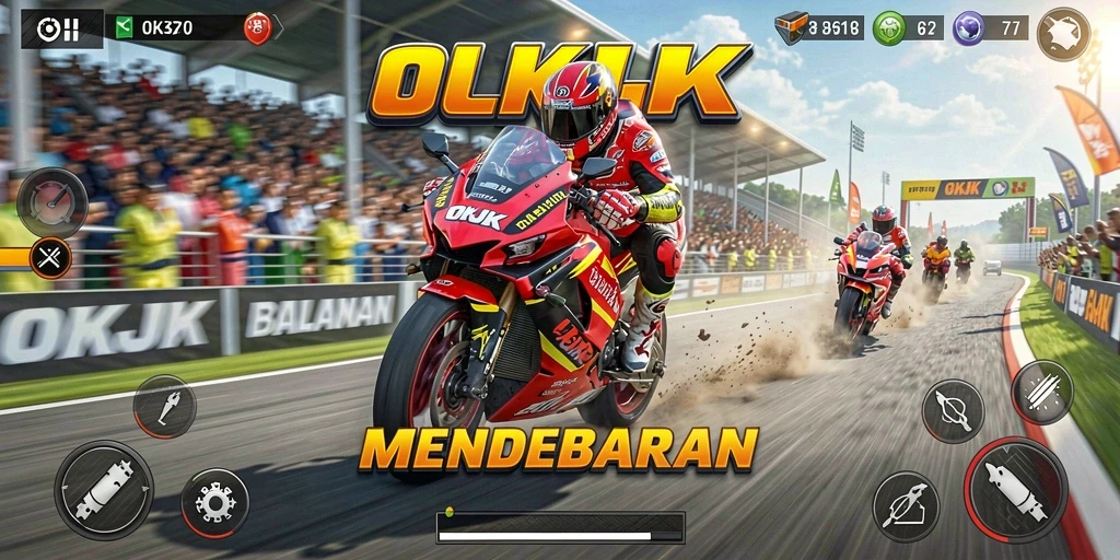 Screenshot menampilkan balapan motor yang mendebarkan di OKJK.