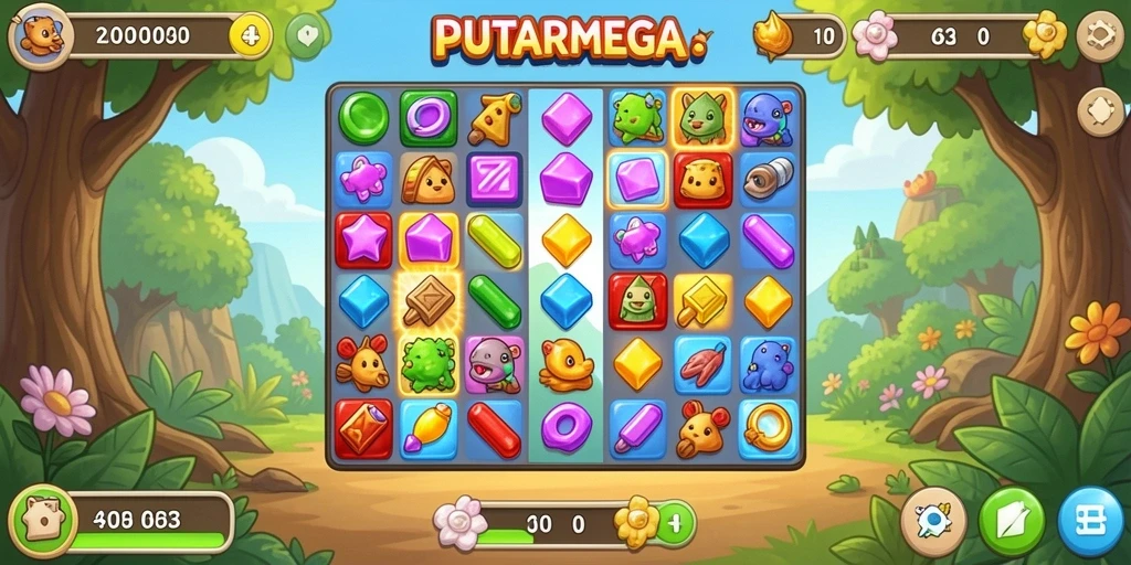 Tampilan gameplay PUTARMEGA yang penuh warna dan menantang.