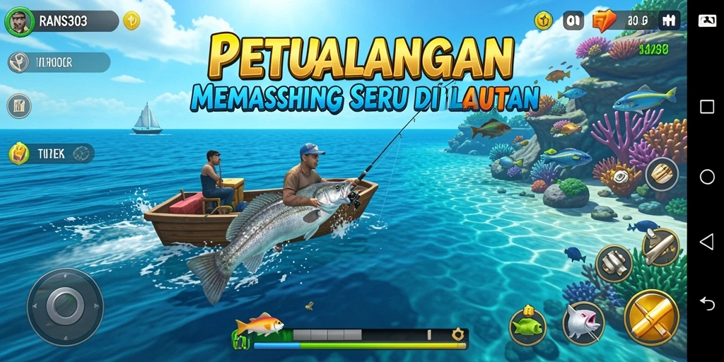Screenshot gameplay RANS303 menampilkan suasana memancing yang mendebarkan.
