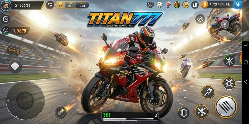 Screenshot utama TITAN777 menampilkan balapan motor yang mendebarkan di lintasan yang dinamis.